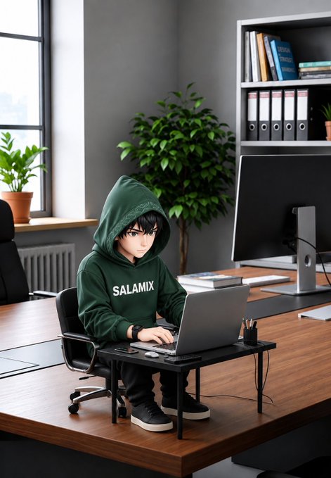 A 3D-rendered anime-style character wearing a green hoodie with "SALAMIX" text, sitting at a desk with a laptop in a modern office.