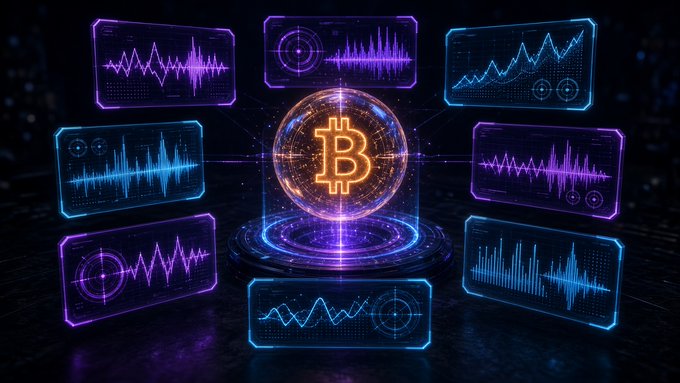 A glowing Bitcoin symbol sits at the center, surrounded by holographic panels displaying wave charts and market data visualizations in neon blue and purple. The image visually reinforces the post's emphasis on $BTC volatility being shaped by the upcoming economic data prints.