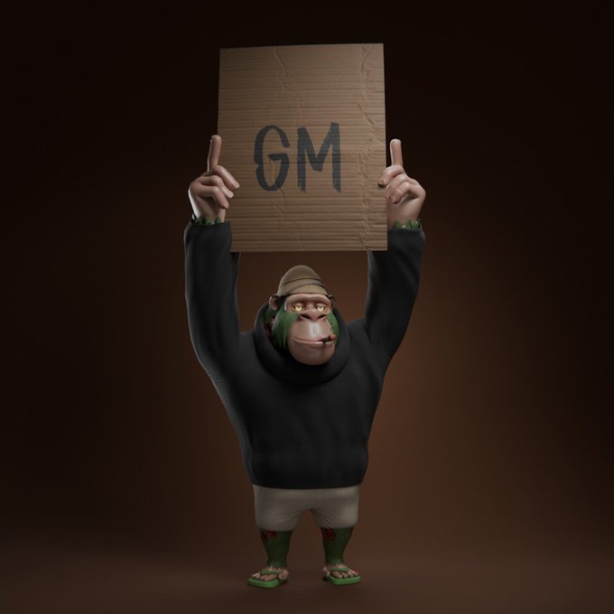 A 3D rendered green-skinned character in a black hoodie and shorts holds up a piece of cardboard with 'GM' written on it in a dark setting.