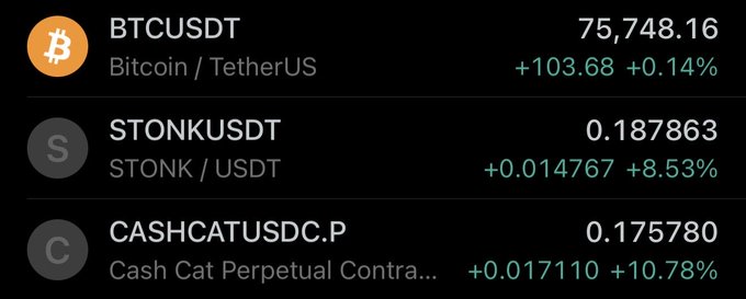 A cryptocurrency trading interface showing BTCUSDT at 75,748.16 (+0.14%), STONKUSDT at 0.187863 (+8.53%), and CASHCATUSDC.P at 0.175780 (+10.78%).