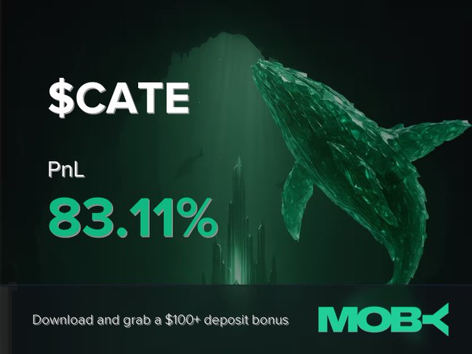 A Moby promotional graphic celebrating a profitable trade on the $CATE token with a PnL of +83.11%, featuring a large green whale illustration and offering a $100+ deposit bonus for downloading the app.