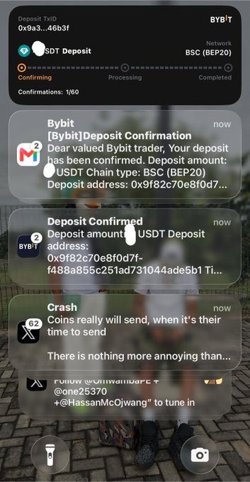 A mobile app screen showing a 'USDT Deposit' confirmation for 0x9a3...46b3f on the BSC (BEP20) network, with notifications from Bybit, a 'Deposit Confirmed' alert, and an in-game 'Crash' message.