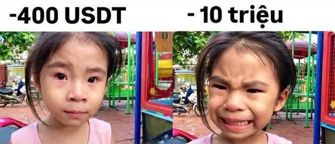 A meme image showing a young girl in two side-by-side photos labeled '-400 USDT' (sad face) and '- 10 triệu' (crying face), humorously comparing different currency losses.