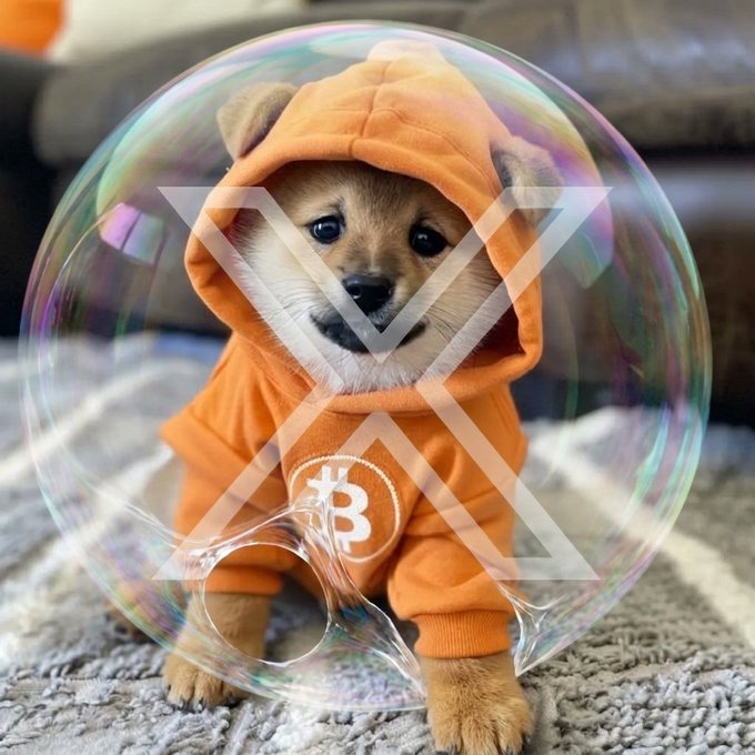 A Shiba Inu puppy wearing an orange Bitcoin-themed hoodie, sitting inside a clear iridescent inflatable ball on a carpeted floor, with a watermark overlay.