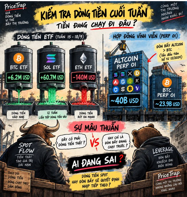 PriceTrap Vietnamese infographic titled 'Kiểm tra dòng tiền cuối tuần' analyzing ETF inflows (BTC ETF +6.2M USD, SOL ETF +60.7M USD, ETH ETF -140M USD) and perpetual contracts (Altcoin Perp OI ~40B USD, BTC Perp OI ~23.9B USD) using bull and bear illustrations.