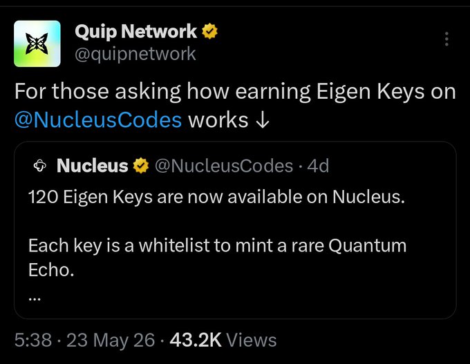 The image shows a screenshot from a Twitter account, which has been reposted with a new message about earning Eigen Keys through @quipnetwork x @NucleusCodes. The text of the post highlights that the account was created on May 26th and mentions that there are currently 130 keys available for distribution. This implies that the account is promoting the idea of using Eigen Keys to earn money, possibly as a way to distribute themselves or others.