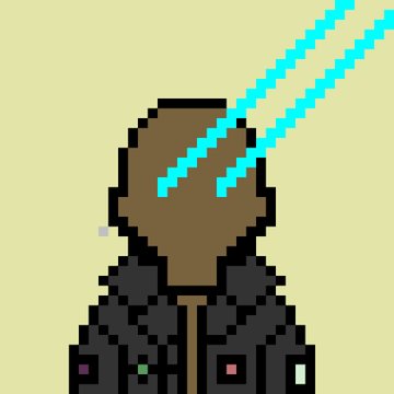 A pixel-art depiction of a bald, faceless figure wearing a black jacket, with two diagonal cyan beams crossing over where the face would be, set against a pale yellow background. The abstract style and blank face give it a minimal avatar-like appearance, seemingly illustrating the post's reference to the collector ("Just a guy who loves collecting").