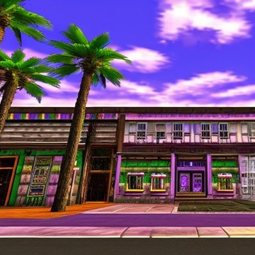 A vibrant, tropical-style storefront with green and purple accents sits beneath tall palm trees under a bright blue sky, evoking the colorful, nostalgic aesthetic reminiscent of N64-era game environments. The bright, saturated palette and retro architecture align with the "old iterations" of the N64 project, capturing its playful, sun-soaked charm.