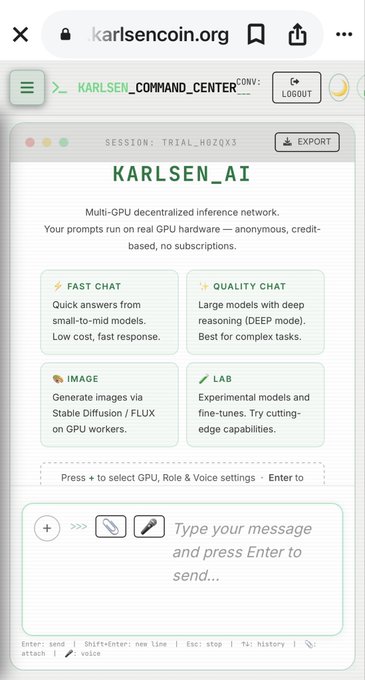 A screenshot of karlsencoin.org showing the 'KARLSEN_COMMAND_CENTER' interface for 'KARLSEN_AI', a multi-GPU decentralized inference network offering Fast Chat, Quality Chat, Image, and Lab options.