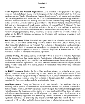 The image shows a page from a Schedule A legal document outlining Duties, Wallet Migration, Restrictions on Pump Wallet, Genuine Trading, and Non-Disparagement clauses for FOMO users. The post relates to it by highlighting the $50k compensation package—$20k signing bonus plus $30k monthly—that FOMO users receive in exchange for ceasing memecoin trading and migrating their activity to the Pump platform.