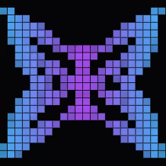 A pixel art design depicting a blue and purple butterfly-like or hourglass-shaped symbol on a black background.
