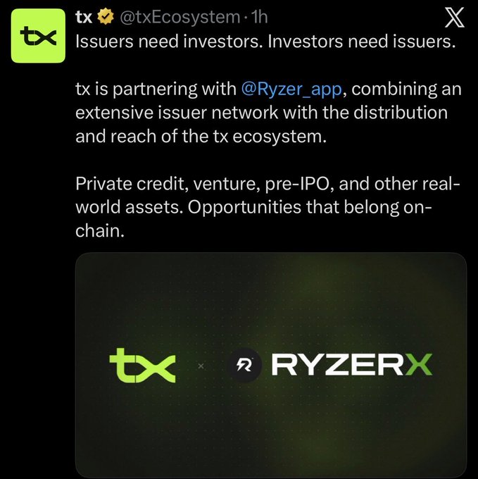 A social media post from @txEcosystem announces a partnership between tx and @Ryzer_app, combining an issuer network with the tx ecosystem for private credit, venture, and pre-IPO assets.