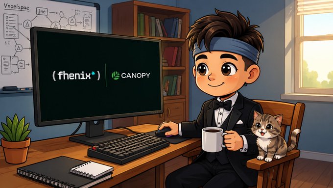 An animated illustration of a young man in a black tuxedo with bow tie and blue headband, sitting at a desk holding a mug while using a computer displaying "(fhenix*) | CANOPY" logos, with a tabby cat on his chair and a whiteboard labeled "Vnoelspace" behind him.