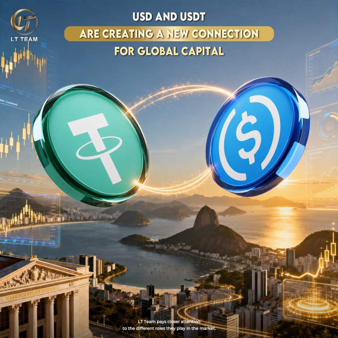 A promotional graphic from LT Team titled "USD AND USDT ARE CREATING A NEW CONNECTION FOR GLOBAL CAPITAL" features a green Tether (USDT) coin and a blue USD coin linked by glowing rings over a coastal cityscape, with the caption "LT Team pays closer attention to the different roles they play in the market."