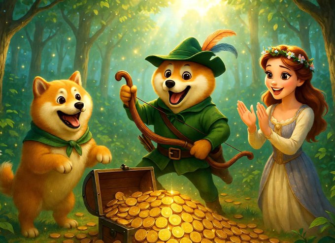A joyful cartoon Shiba Inu dog, a Robin Hood-style character, and a princess celebrating over a treasure chest overflowing with gold coins in an enchanted forest, representing Dogecoin ($DOGE) as the ultimate crypto treasure.