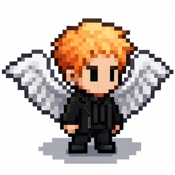 A pixel art sprite of a chibi character with messy orange hair, wearing a dark coat and dog tags, posed with spread white wings on a transparent background.