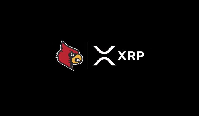 A graphic showing the Louisville Cardinals mascot (a red cardinal bird) next to the XRP cryptocurrency logo on a black background.