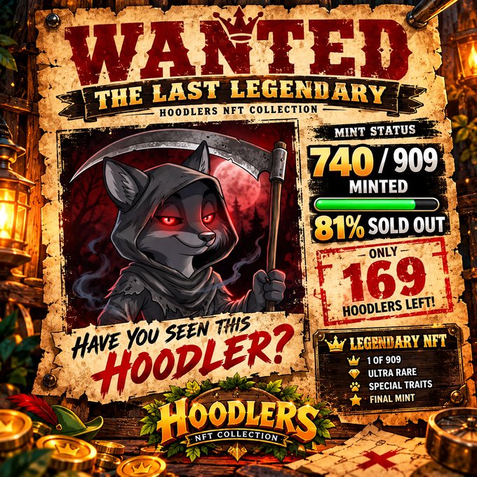 A 'WANTED' style promotional poster for the 'HOODLERS NFT COLLECTION' featuring a hooded grim reaper wolf character with a scythe, showing 740/909 minted (81% sold out) with only 169 legendary NFTs remaining.