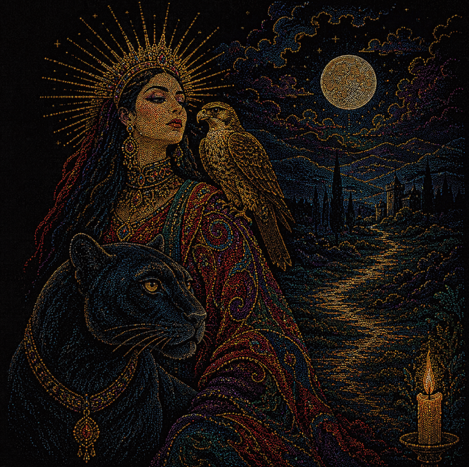 Mystical illustration of a woman with a radiant crown holding a falcon, accompanied by a black panther, set against a dark night scene with a full moon and distant castle.