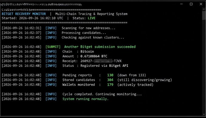 A computer terminal window displaying a 'BITGET RECOVERY MONITOR' log with timestamps, INFO messages, and system status updates related to BTC tracking.