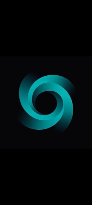 A glowing teal circular logo or emblem on a black background.