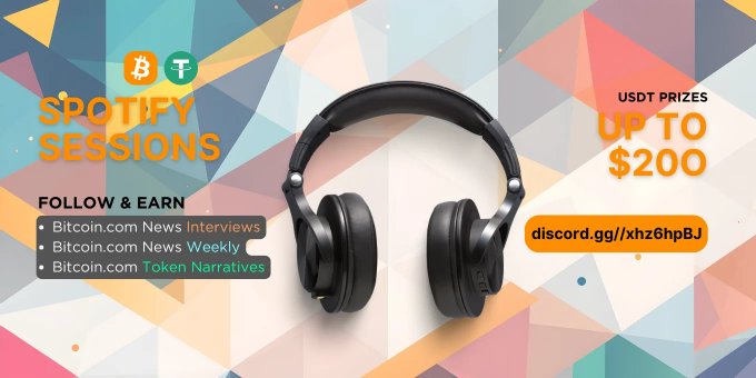 Promotional banner for "Spotify Sessions" featuring Bitcoin.com News content, offering USDT prizes up to $200 with a Discord invite link (discord.gg/xhz6hpBJ) alongside black headphones and Bitcoin/Tether logos on a colorful geometric background. The banner supports a Bitcoin.com TaskON campaign running until September 11 with 200 USDT rewards, advertised through the join link.