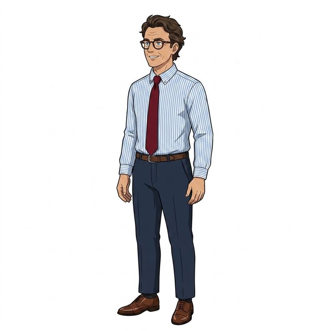 A cartoon illustration of a smiling man with wavy brown hair and glasses, dressed in professional business attire—striped button-down shirt, red tie, navy trousers, brown belt, and brown dress shoes. The stylized character, likely a depiction of Charley Cooper as noted in the post, appears ready to be used as a fresh meme template for the Ava Labs community.