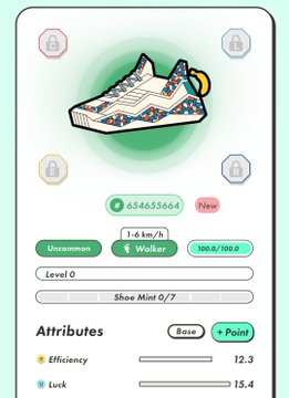 A digital card displaying a 'Walker' level 0 sneaker with attributes: Efficiency 12.3 and Luck 15.4.
