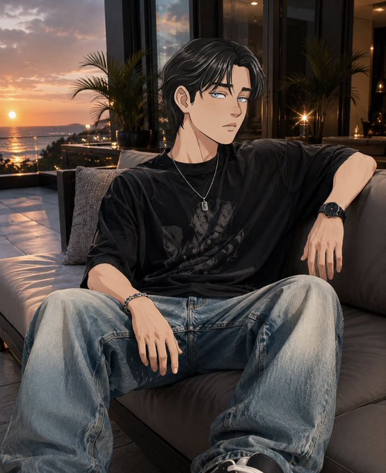An anime-style illustration of a young man with black hair and blue eyes, wearing a black graphic t-shirt, necklace, watch, and baggy jeans, sitting on a couch with a sunset over the ocean visible through large windows behind him.