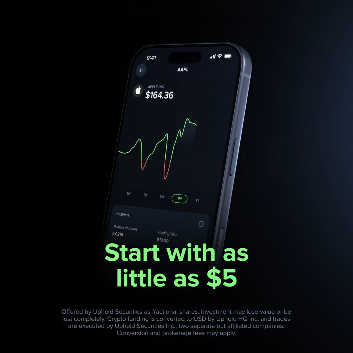 The image shows a smartphone displaying the Uphold app's stock trading interface with Apple Inc. (AAPL) at $164.36, featuring a green and red price chart and a holdings section showing 0.0216 shares valued at $10.00. Bold green text reads "Start with as little as $5," emphasizing the post's message about low-entry stock trading and crypto-to-stock swaps available on the Uphold platform.