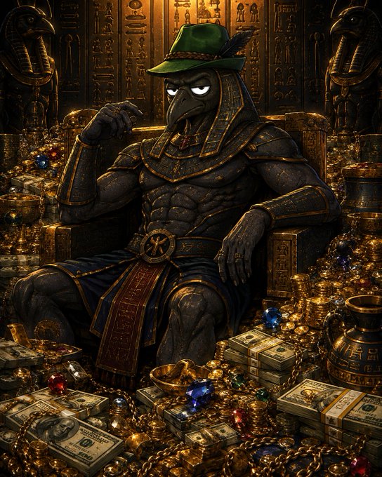 A muscular Egyptian deity figure wearing a green fedora sits on a golden throne surrounded by massive piles of treasure, gold coins, jeweled gems, and stacks of $100 U.S. bills, visually reinforcing the post's boast about achieving "3X" gains on the listed memecoins ($DEALER, $BSTOCKS, $IF, $CASHCAT, $熊猫) and celebrating newfound wealth.