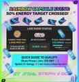 Promotional graphic for 'BOME $BTCP $UNIBOT $SUNDOG' 50% energy target crossed, offering '100% MORE GUNSLOTS' as a next goal.