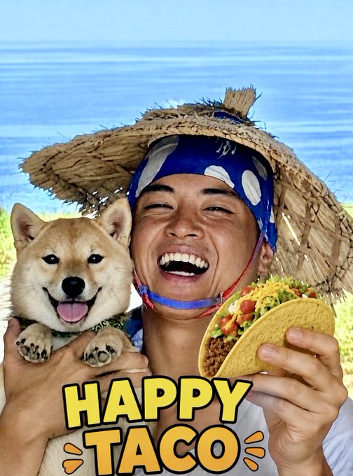 A smiling man wearing a straw hat and blue bandana holds a Shiba Inu dog in one hand and a taco in the other, with text 'HAPPY TACO' overlaid.
