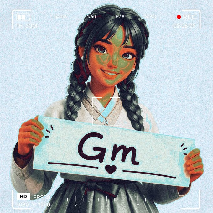A digital illustration of a smiling young woman with braided hair and a green face mask, holding a sign that reads "Gm" while framed by a camera viewfinder interface.
