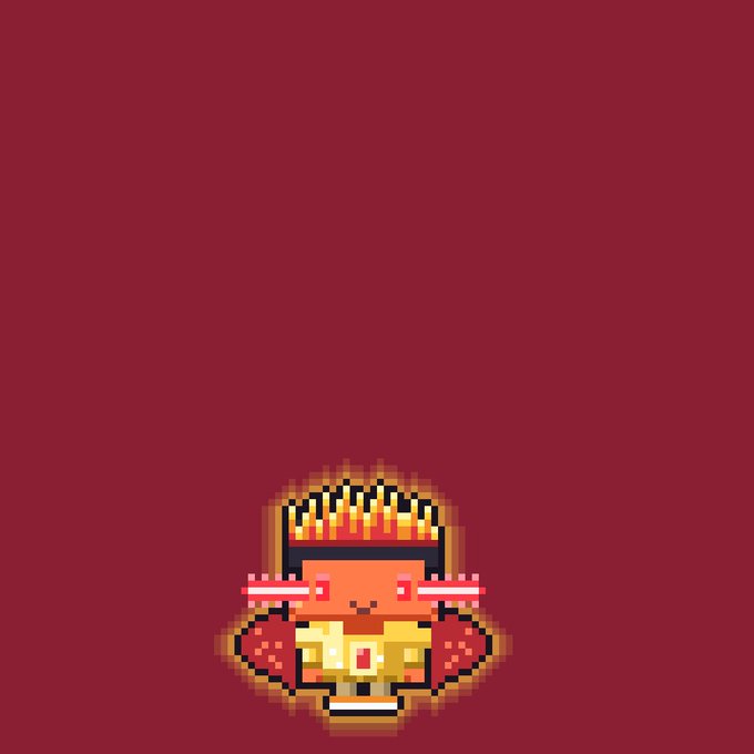 A pixel art character with a crown and a white 'M' symbol on its chest stands against a dark red background.
