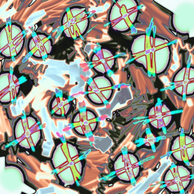 An abstract, psychedelic digital artwork featuring repeated cross-like or star-shaped patterns in neon green, pink, red, and cyan against an orange and black marbled background.