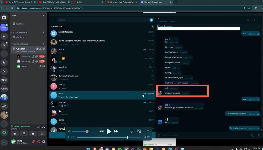 A Discord interface is displayed on a computer screen, showing a channel named 'general'. A pinned message contains a list of suspicious activities, with the phrase 'messaging austi' highlighted by a red rectangle.