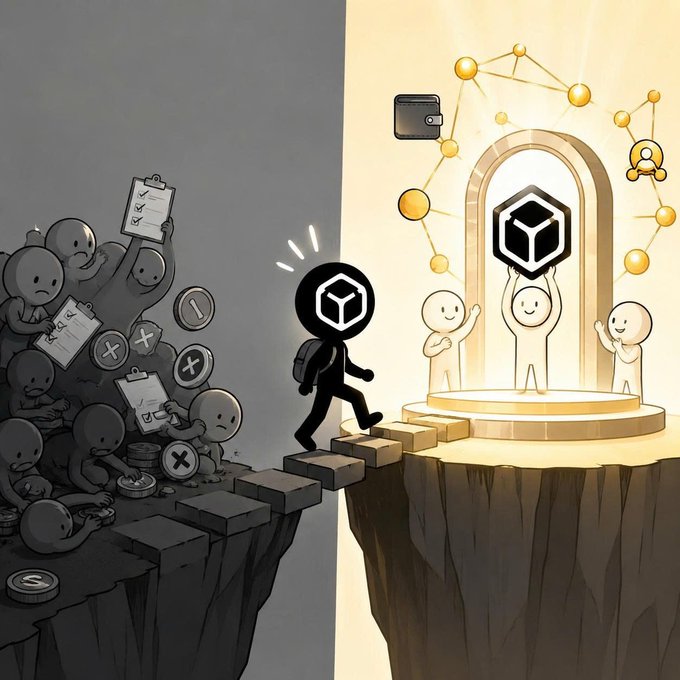 Illustration contrasting a dark side with sad cartoon figures holding failed checklists and rejected coins against a bright side where figures celebrate a glowing crypto network symbol on a pedestal.