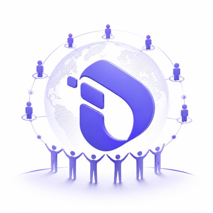 A purple 3D logo featuring a stylized "D" sits at the center of a globe surrounded by interconnected human figures holding hands, symbolizing InterLink Network's global community of around 10M users united across multiple countries in a decentralized ecosystem.