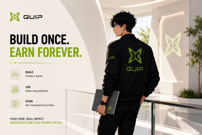 A promotional graphic for QUIP featuring an anime-style character wearing a black jacket with the QUIP butterfly logo, alongside text 'BUILD ONCE. EARN FOREVER.' with steps: BUILD, USE, EARN.