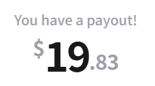 The image shows a payout notification displaying "$19.83" with the text "You have a payout!" above it. This appears to be from the Ample platform, representing one account's earnings as part of the user's weekly $40 total reward across two accounts from their $2,400 investment in four accounts.