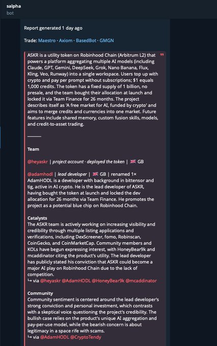 A chatbot report generated 1 day ago titled 'Report generated 1 day ago' discussing the ASKR utility token on Robinhood Chain (Arbitrum L2), detailing the Team (@heyaskr, @adamHODL), Catalysts including DexScreener and HoneyBear9k, and Community sentiment.