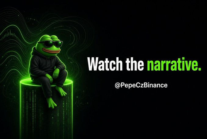 A black-and-green Pepe-themed graphic shows the frog wearing sunglasses and sitting on a glowing cylinder beside the slogan “Watch the narrative.” and the handle “@PepeCzBinance.”