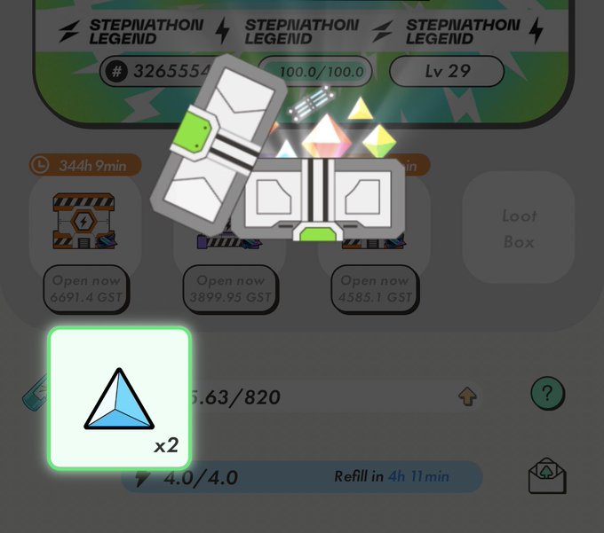 A game screen showing StepNathon Legend loot boxes with 'Open now' options priced in GST (6691.4, 3899.95, 4585.1 GST), an energy refill timer (4.0/4.0, refill in 4h 11min), and an x2 multiplier gem icon.