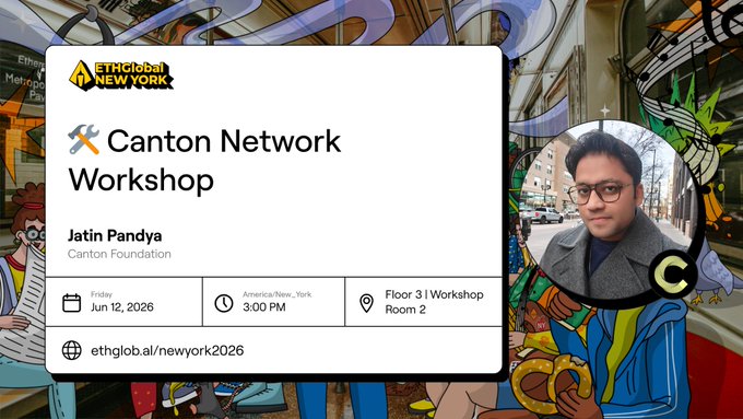 The image shows a poster for an event at the Canton Network Workshop held at the Canton Foundation. A man's face can be seen in the background of the poster. The poster includes details about the workshop, such as the date (June 12th), time (3 PM EST), and location (Floor 3). It also mentions that there is a bounty for the @JPandya26 hashtag on Twitter.