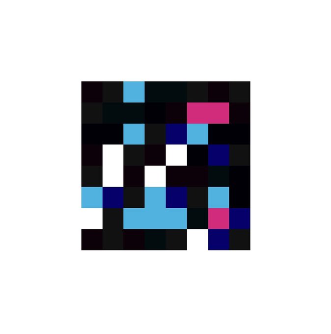 An abstract pixel art design featuring a grid of dark, black, blue, white, pink, and cyan squares.