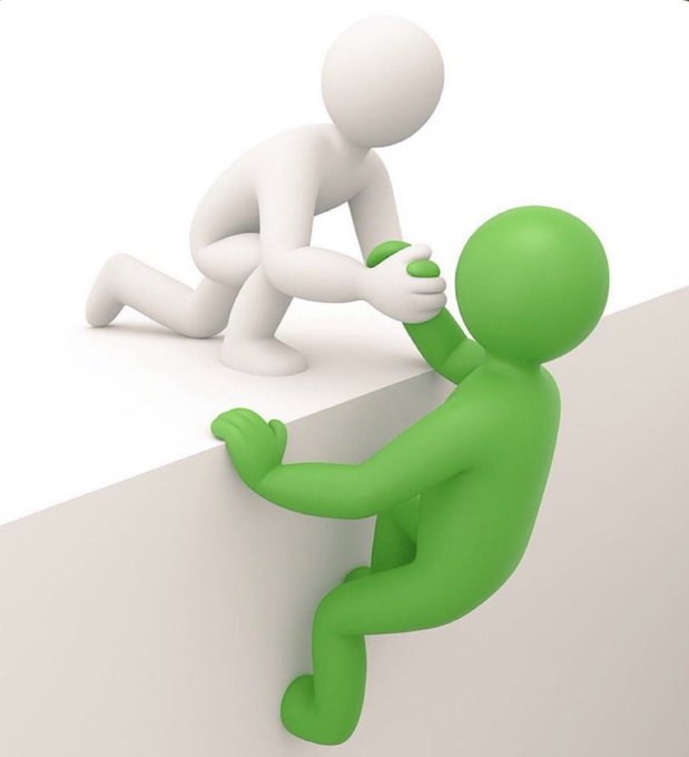 The image features two 3D figures of people helping each other out by climbing up a wall or ledge together. The person on the left figure has their arms extended upwards, while the person on the right figure has their hands reaching out towards them for support. Both figures are wearing green outfits that match each other, creating a sense of unity and collaboration between them.