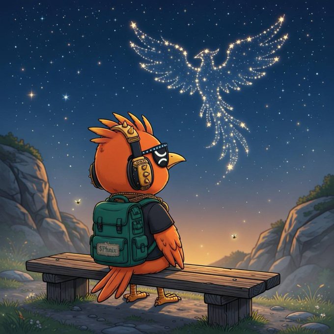 A small phoenix bird wearing sunglasses and a backpack labeled "SPhnix" sits on a wooden bench under a starry sky, gazing up at a glowing phoenix-shaped constellation. The image visually echoes the post's theme of destiny and rising, with the celestial phoenix symbolizing the triumphant spirit promised by $PHNIX.