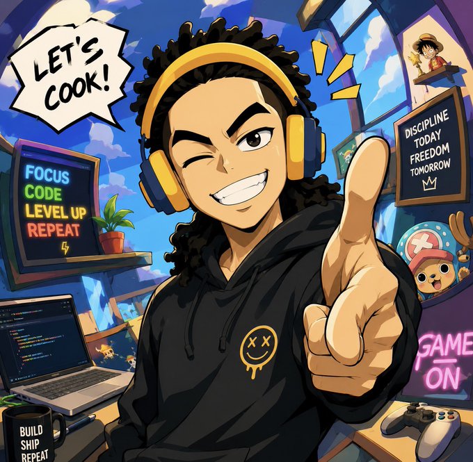 An anime-style illustration of a person wearing yellow headphones and a black hoodie, giving a thumbs-up with motivational text 'LET'S COOK!' and 'DISCIPLINE TODAY FREEDOM TOMORROW' in the background.