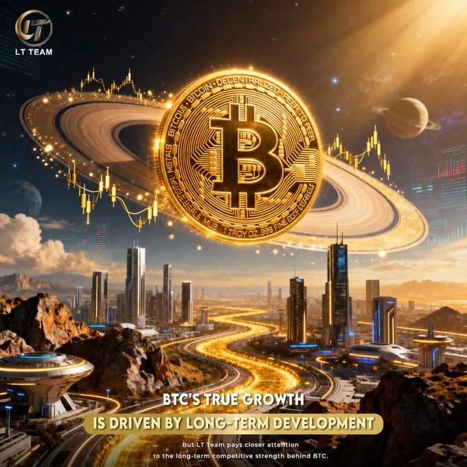 A cosmic golden Bitcoin coin surrounded by Saturn-like rings hovers above a futuristic cityscape, with overlaid candlestick chart graphics reinforcing the cryptocurrency theme. The text reads "BTC'S TRUE GROWTH IS DRIVEN BY LONG-TERM DEVELOPMENT" along with a subtitle noting "LT Team pays closer attention to the long-term competitive strength behind BTC" and the "LT TEAM" logo in the upper left.

The image visually reinforces the post's message of long-term bullish fundamentals by depicting Bitcoin as a grand, enduring cosmic force rather than a short-term speculative asset, aligning with the hashtags #LTTeam #BTC #Bitcoin #Blockchain and the emphasis on sustained growth through infrastructure and adoption.